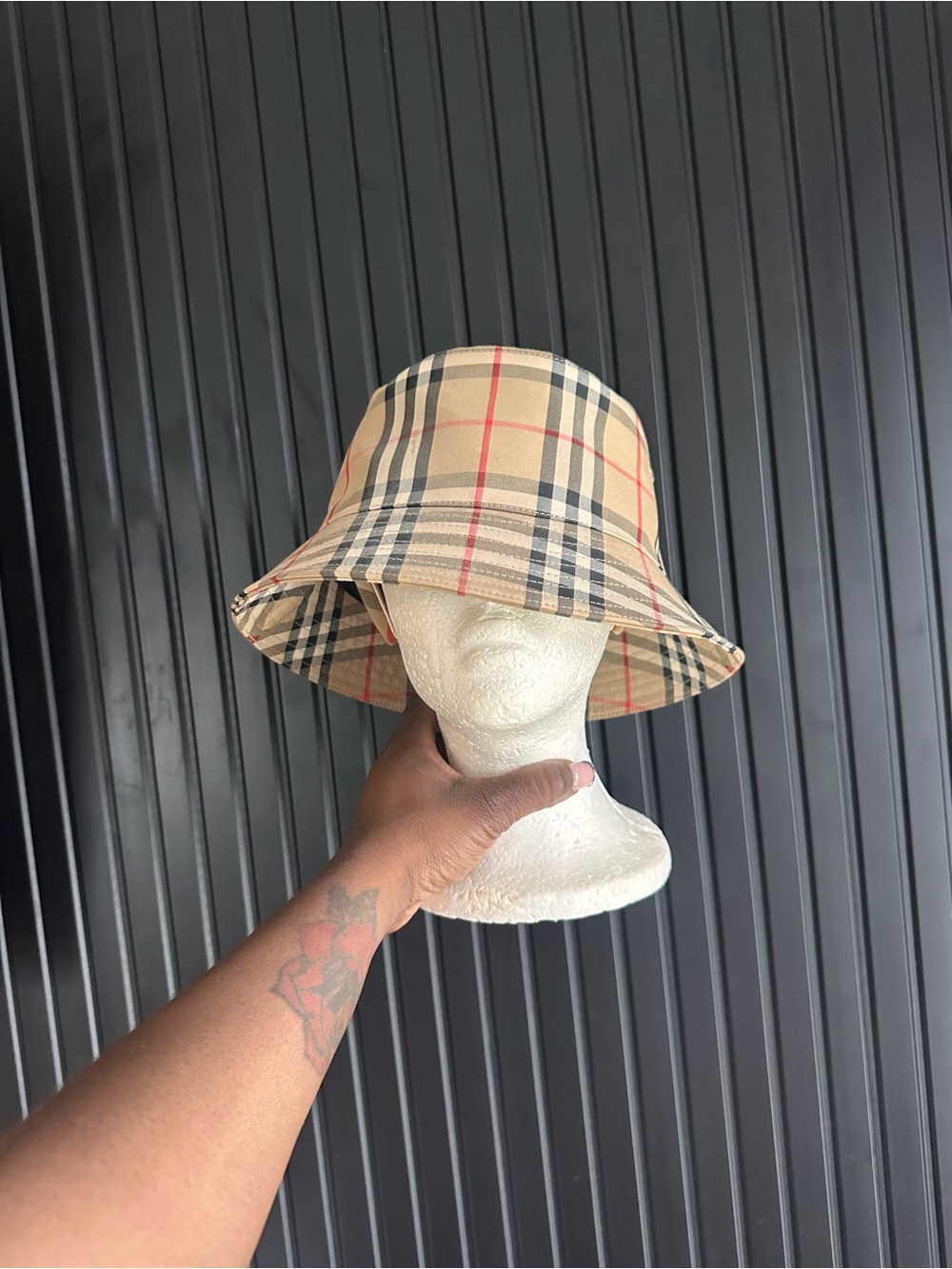 Burberry Beige Check Bucket Hat with Red Accent